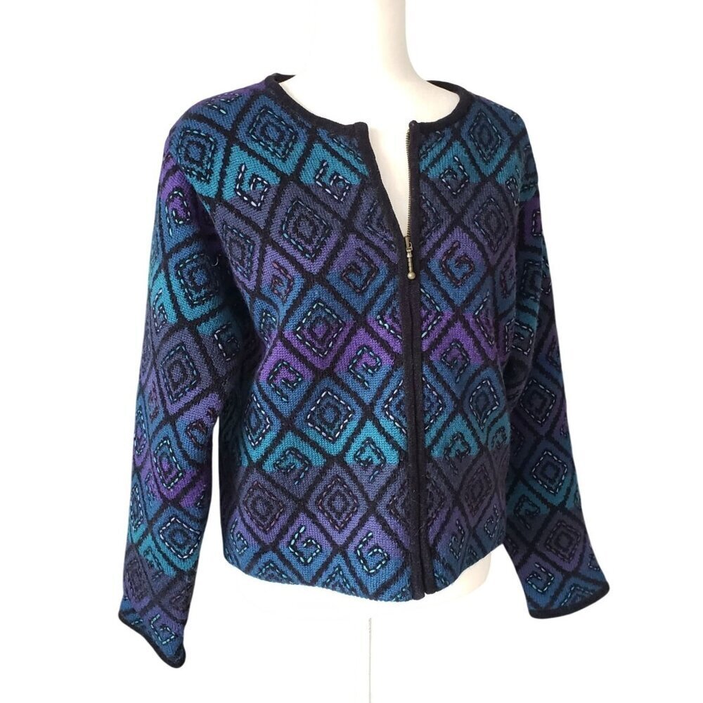 Vtg Y2K Icelandic Design Women's Wool Diamond Pattern Zip-Up Cardigan Jacket LG